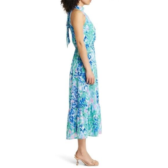 New! SAM EDELMAN  Brushstroke Print Mock Neck Dress - Blue Multi, size 10 - Picture 3 of 16